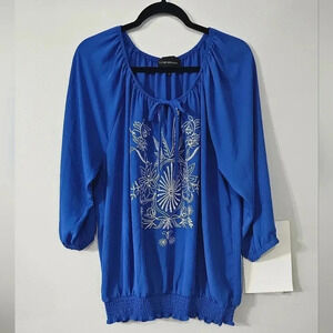 Lane Bryant (Gently Used)Royal Blue Peasant Top with White Embroidery Size 14/16